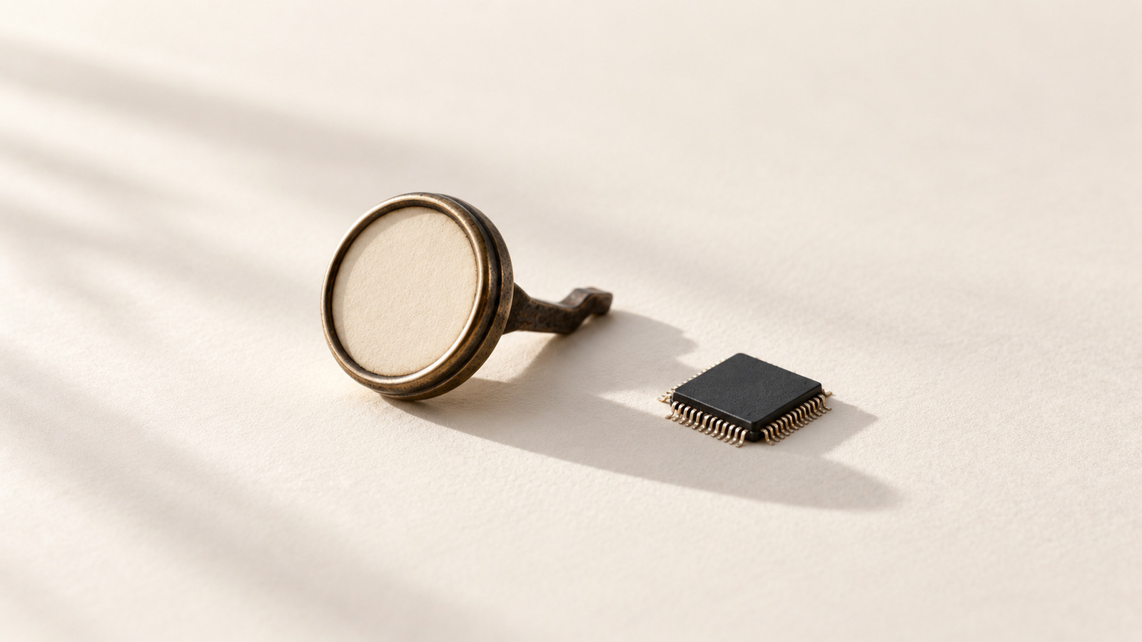 A vintage typewriter key next to a modern microchip.