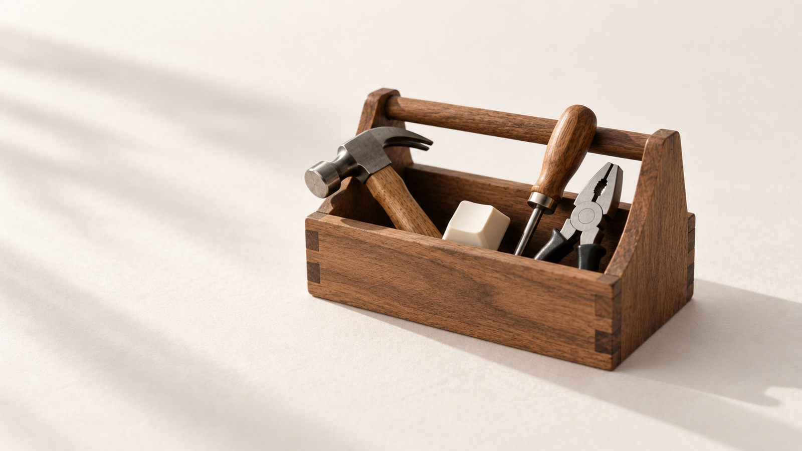 A small wooden toolbox with simple tools and a single keyboard key.