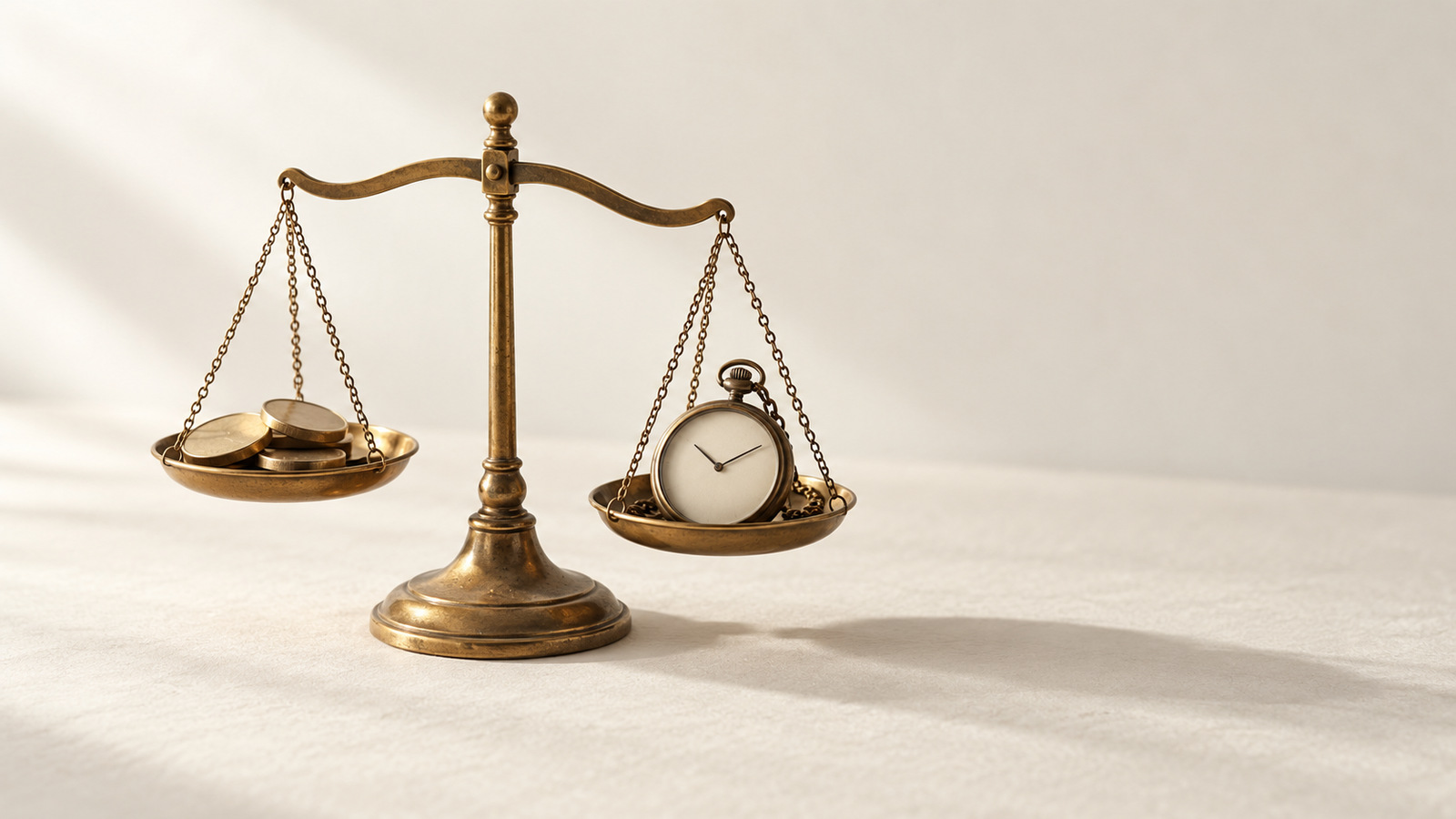 A balance scale weighing coins against a pocket watch.