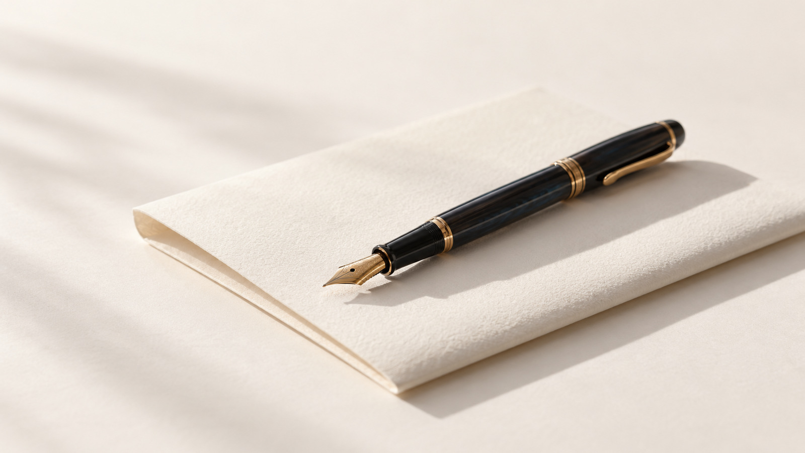 A fountain pen resting on a folded sheet of blank paper.